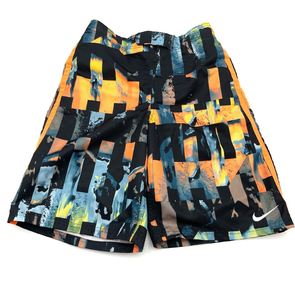 Nike Orange Swim Trunks with Blue & Black Print Large